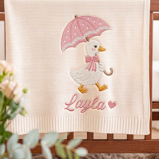 Personalized Embroidered Baby Name Blanket Cute Duck Umbrella Custom Knit Baby Shower Gift
