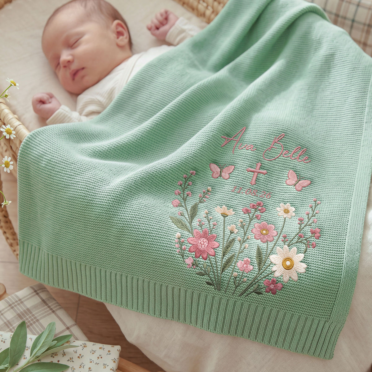 Personalized Embroidered Baby Name Blanket Baptism Cross Floral Knit Baby Shower Gift