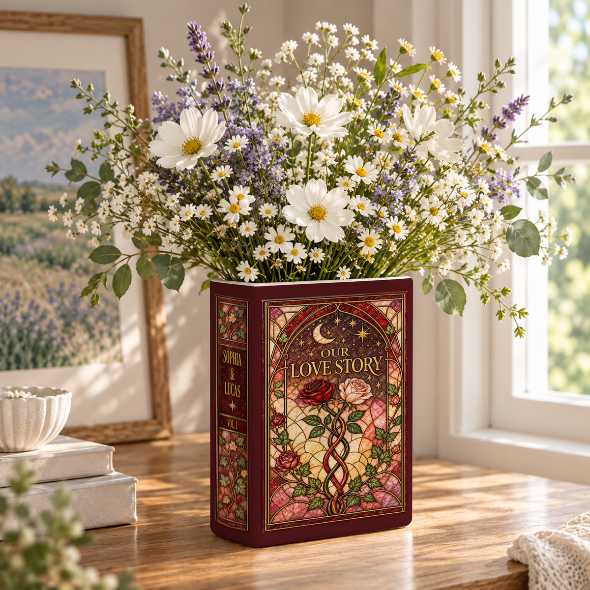 Custom Wedding Book Vase Stained Glass Roses Ceramic Flower Tabletop Floral Planter Pot
