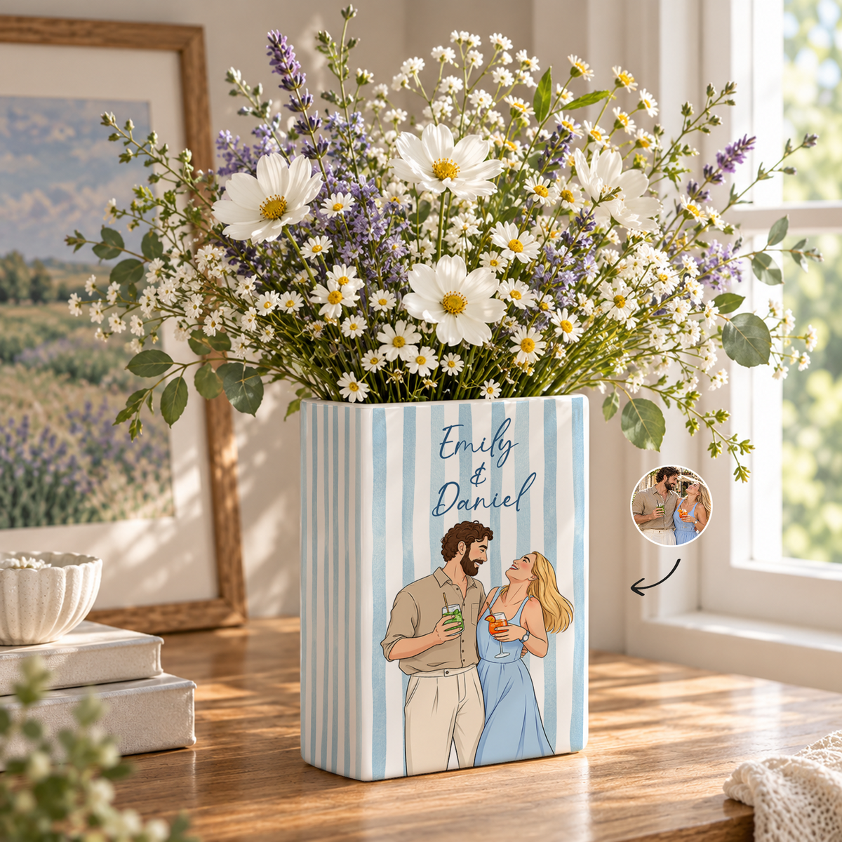 Custom Wedding Book Vase Couple Portrait Striped Pattern Ceramic Flower Tabletop Holder