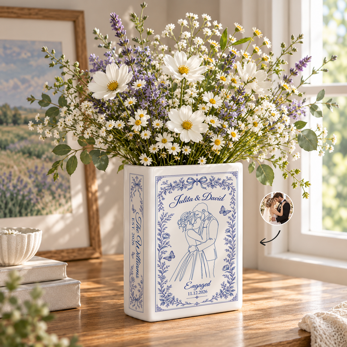 Custom Wedding Book Vase Toile de Jouy Bride Groom Line Art Ceramic Tabletop Holder