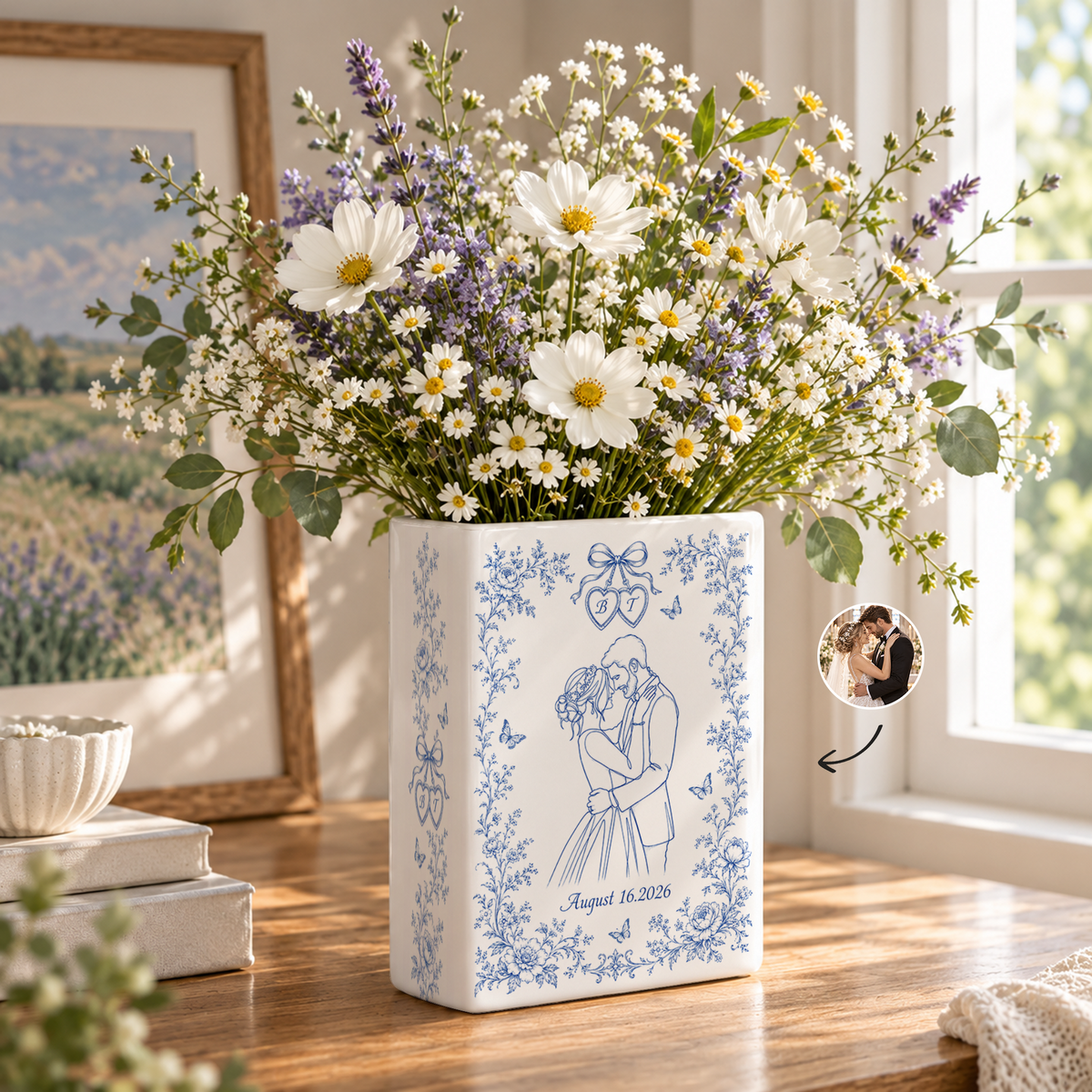 Custom Wedding Book Vase Ribbon Hearts Bride Groom Line Art Ceramic Tabletop Holder
