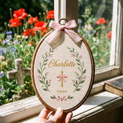 Custom Embroidered Baby Name Hoop Cross Pink Floral Baptism Gift Nursery Wall Decor
