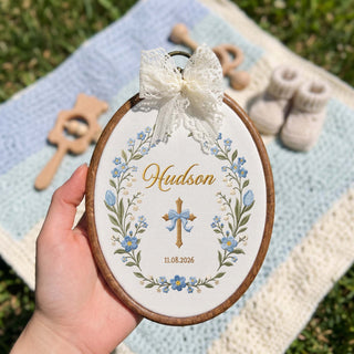 Custom Baby Name Embroidery Hoop Cross Blue Bow Baptism Gift Nursery Wall Decor