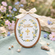 Custom Baby Name Embroidery Hoop Cross Yellow Bow Baptism Gift Nursery Wall Decor