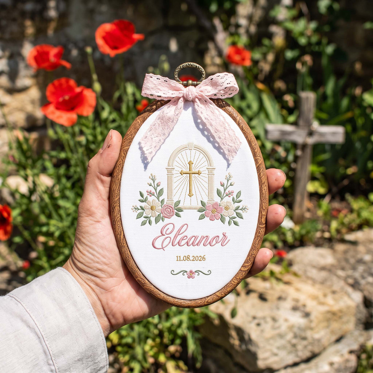 Custom Embroidered Baby Name Hoop Cross Clouds Baptism Gift Custom Nursery Decor