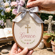 Personalized Baby Name Embroidery Hoop Cross Sun Rays Baptism Gift Nursery Decor