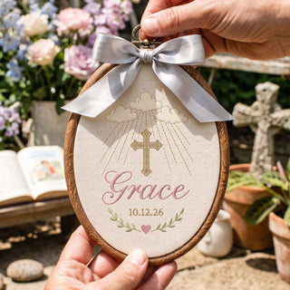 Personalized Baby Name Embroidery Hoop Cross Sun Rays Baptism Gift Nursery Decor