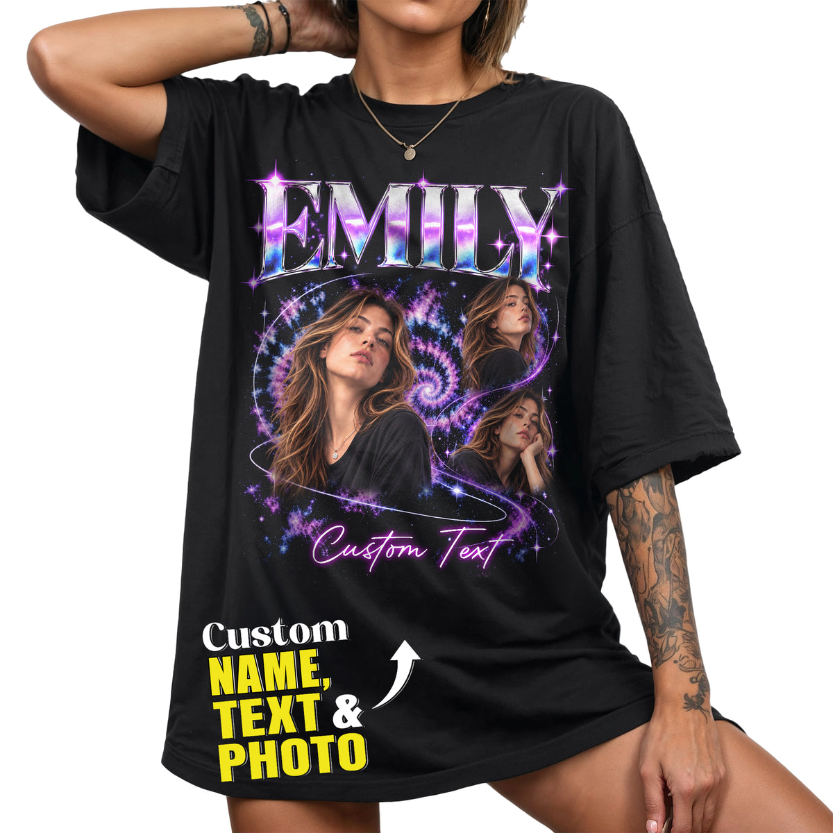 Custom Photo Bootleg T Shirt Vintage Y2K Retro Graphic Tee Personalized Text Name Shirt