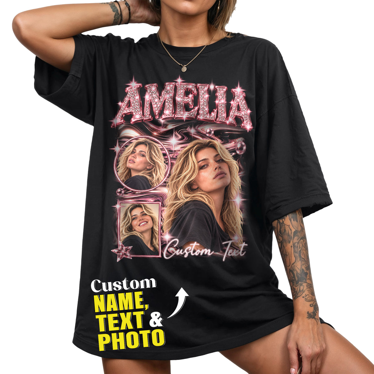 Custom Bootleg Rap T Shirt Vintage Y2K Glitter Graphic Tee Personalized Photo T Shirt