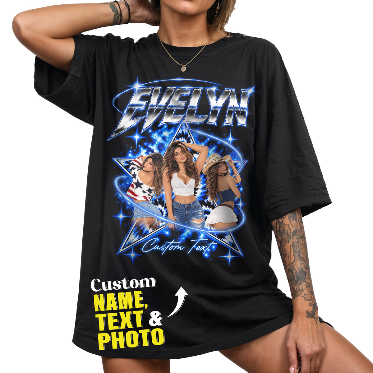 Custom Bootleg Rap T Shirt Vintage Y2K Chrome Graphic Tee Personalized Photo T Shirt