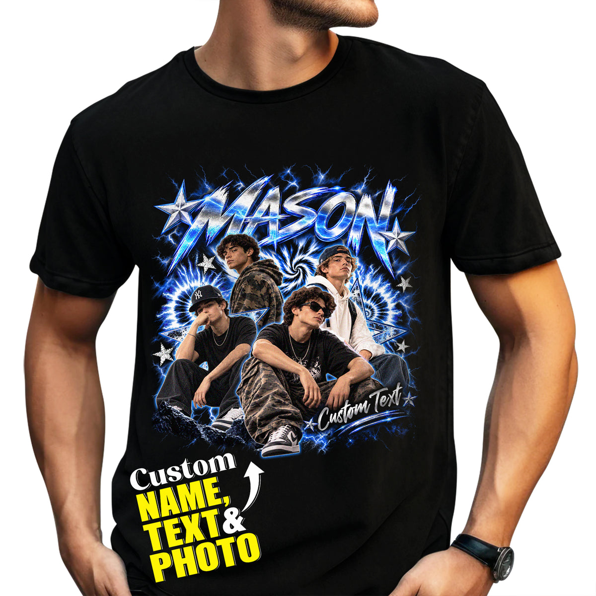 Custom Vintage Photo Collage T Shirt Unisex Lightning Star Graphic Tee Clothing Top