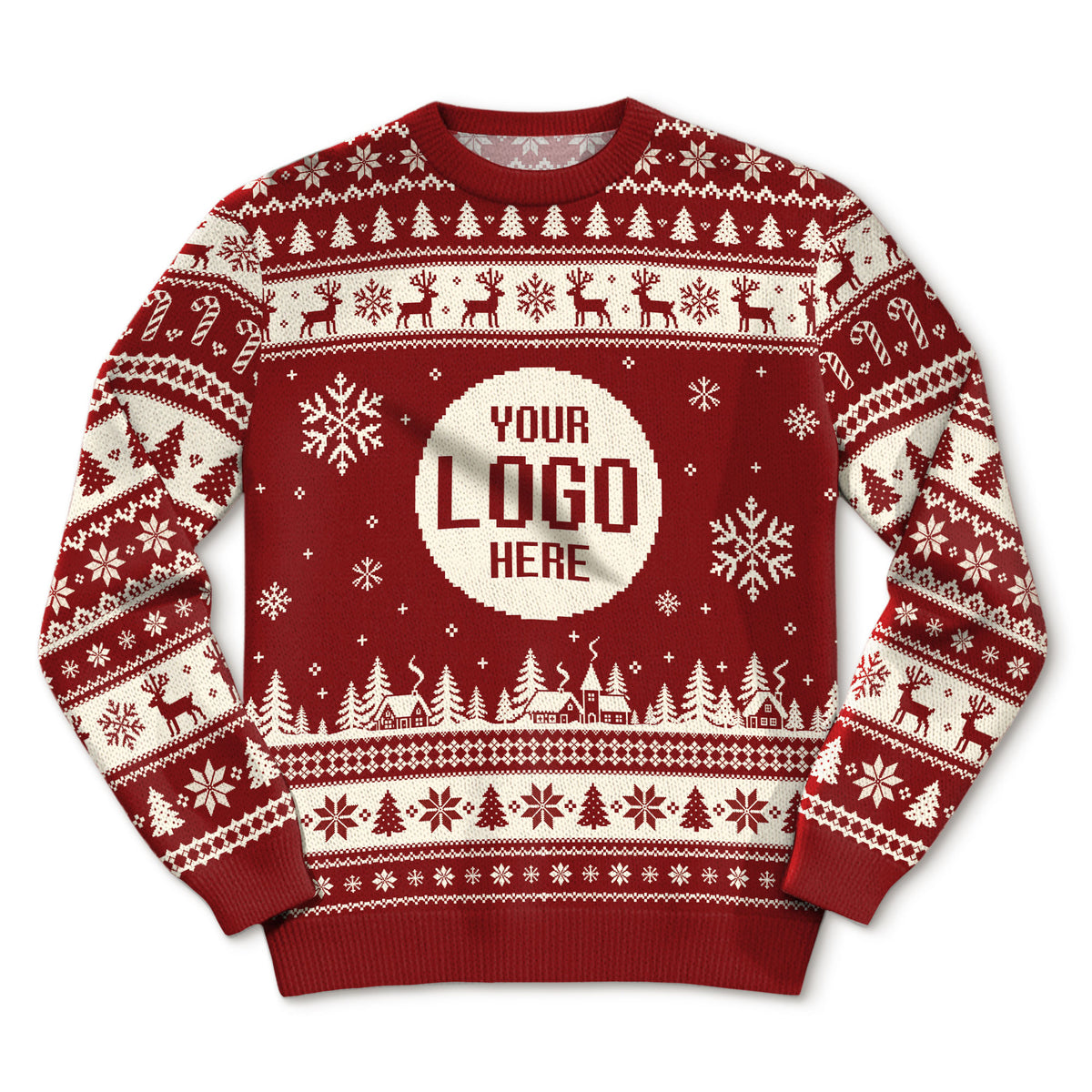 Custom Logo Ugly Christmas Sweater Red Reindeer Fair Isle Pattern Holiday Jumper