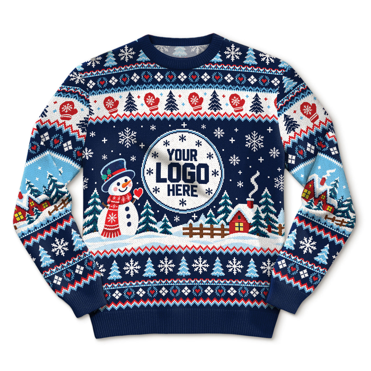 Custom Logo Ugly Sweater Snowman Winter Village Patterned Xmas Party Pullover