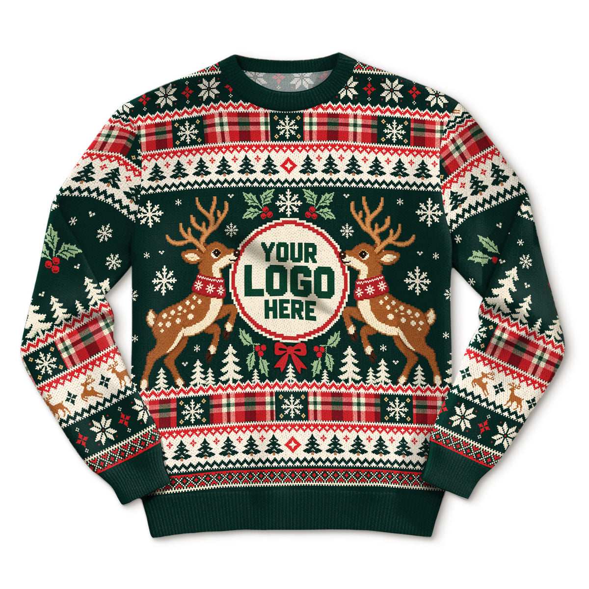 Custom Logo Ugly Sweater Green Reindeer Holly Berry Plaid Patterned Xmas Pullover
