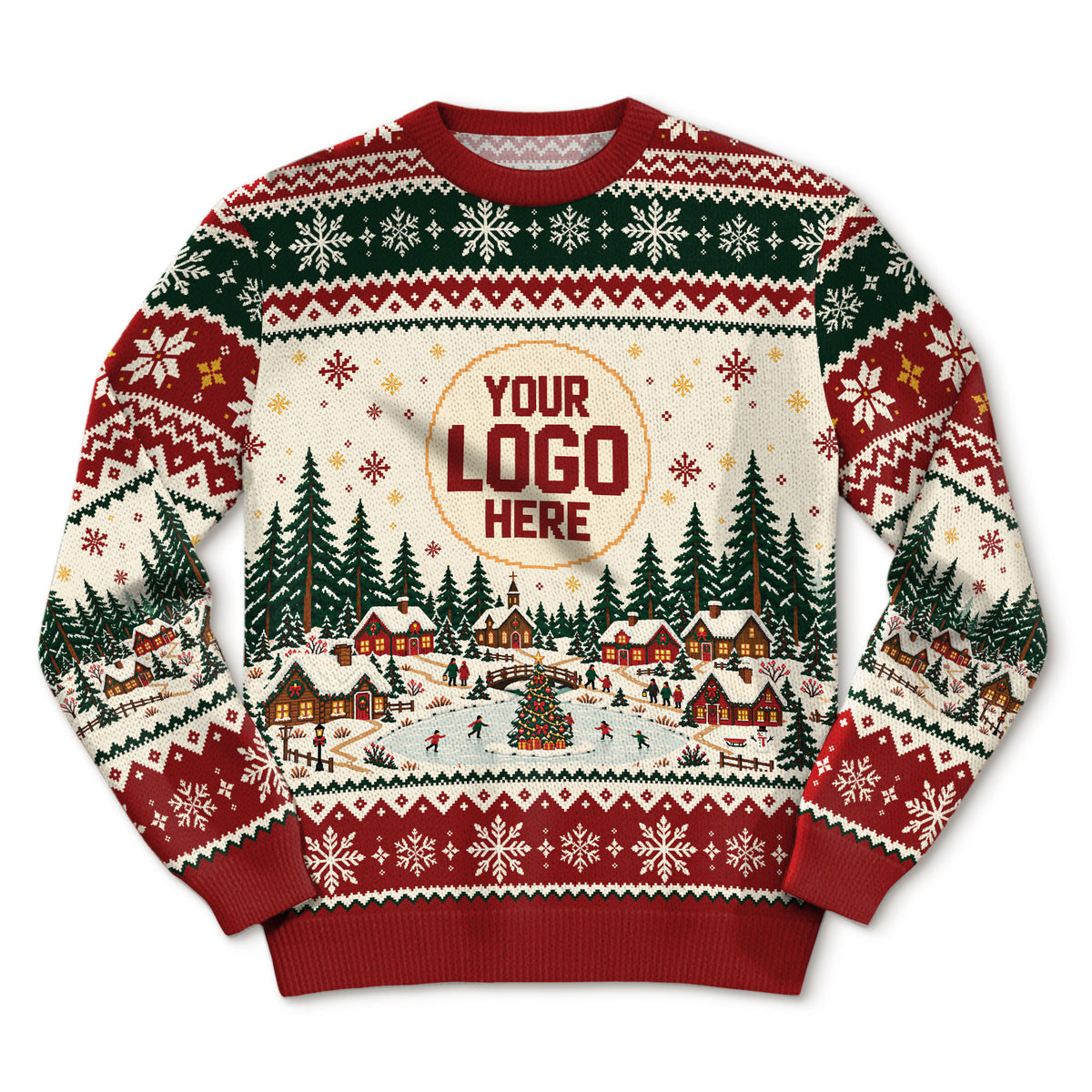 Custom Logo Ugly Christmas Sweater Snowy Village Ice Skating Patterned Holiday Jumper