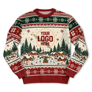 Custom Logo Ugly Christmas Sweater Snowy Village Ice Skating Patterned Holiday Jumper