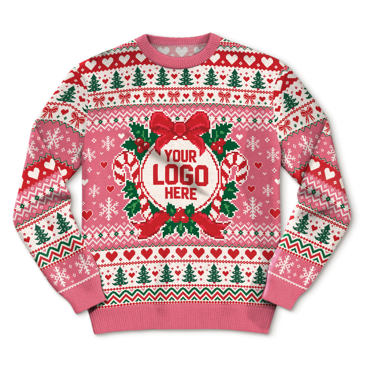 Custom Logo Ugly Christmas Sweater Pink Wreath Red Bow Heart Patterned Holiday Jumper