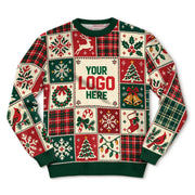 Custom Logo Ugly Christmas Sweater Patchwork Reindeer Plaid Grid Patterned Holiday Jumper