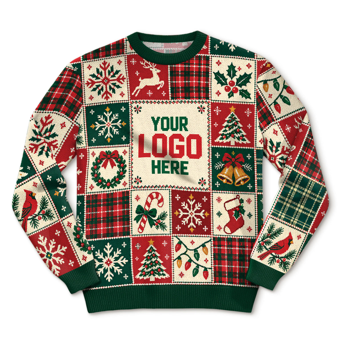 Custom Logo Ugly Christmas Sweater Patchwork Reindeer Plaid Grid Patterned Holiday Jumper