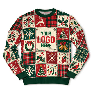 Custom Logo Ugly Christmas Sweater Patchwork Reindeer Plaid Grid Patterned Holiday Jumper