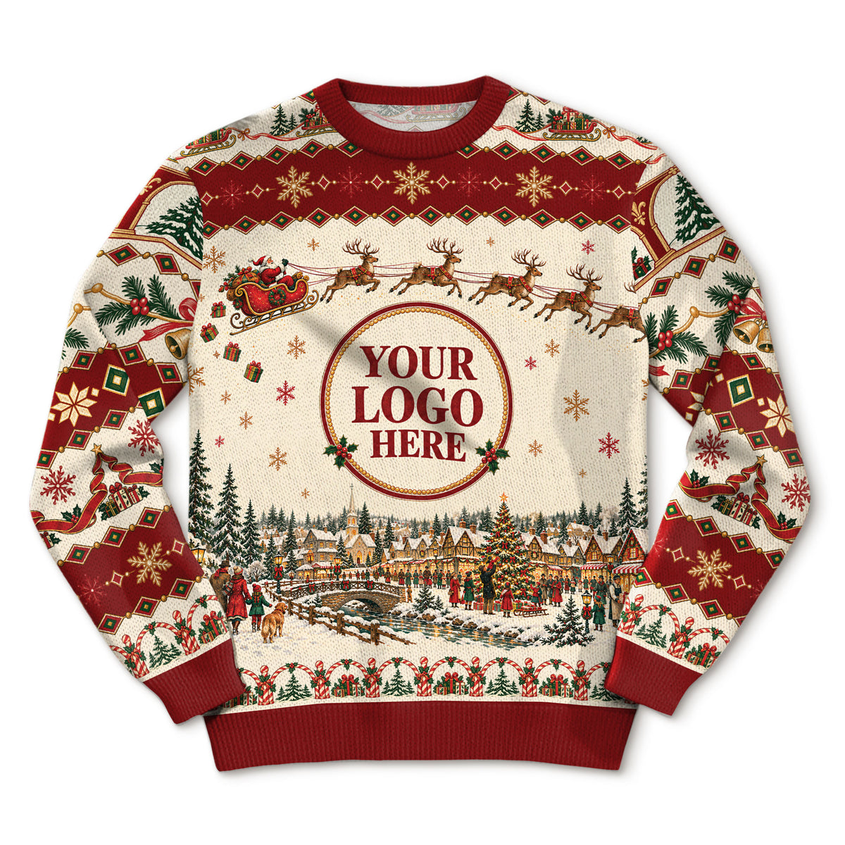 Custom Logo Ugly Christmas Sweater Vintage Santa Sleigh Reindeer Town Holiday Jumper