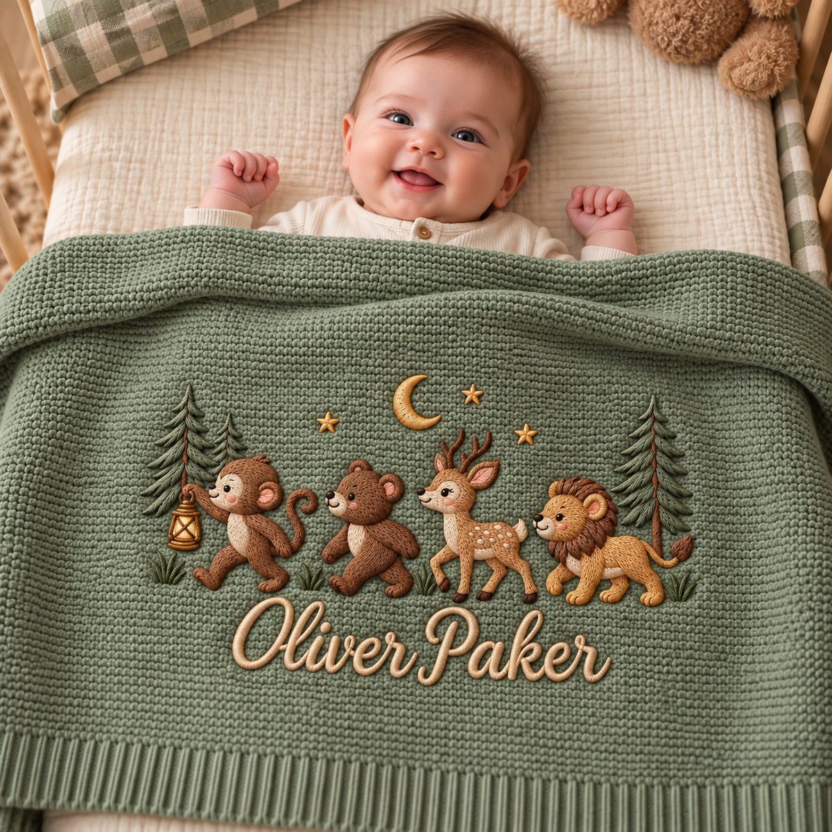 Personalized Embroidered Baby Blanket Custom Name Woodland Animal Knit Blanket Nursery Gift