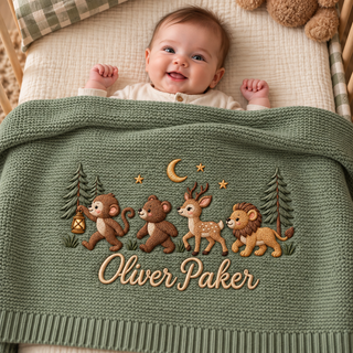 Personalized Embroidered Baby Blanket Custom Name Woodland Animal Knit Blanket Nursery Gift