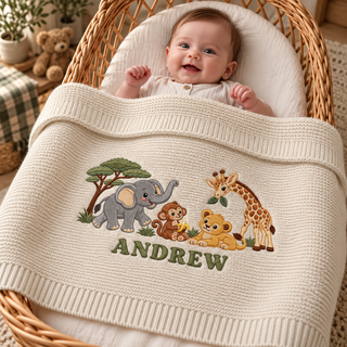 Custom Embroidered Baby Blanket Personalized Safari Animal Knit Blanket Baby Shower Gift