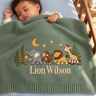 Personalized Embroidered Baby Blanket Custom Elephant Lion Giraffe Knit Baby Shower Gift