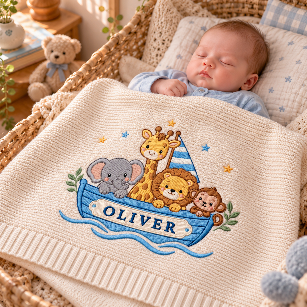 Personalized Embroidered Baby Blanket Custom Name Noah Ark Boat Knit Nursery Blanket