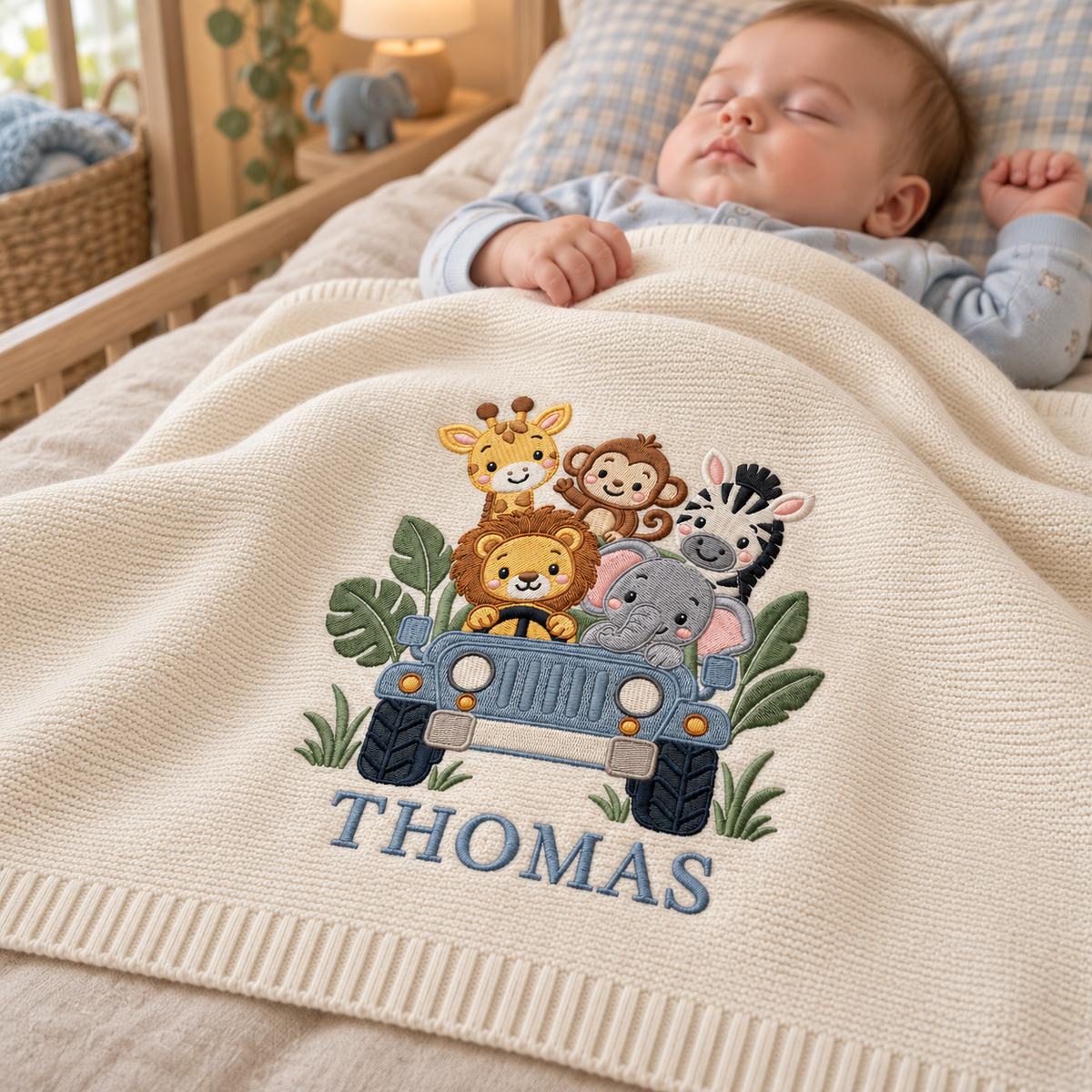 Custom Embroidered Baby Blanket Personalized Safari Car Animal Knit Baby Shower Gift