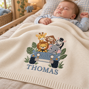 Custom Embroidered Baby Blanket Personalized Safari Car Animal Knit Baby Shower Gift