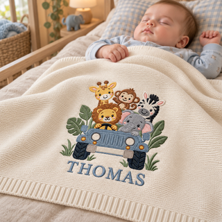 Custom Embroidered Baby Blanket Personalized Safari Car Animal Knit Baby Shower Gift