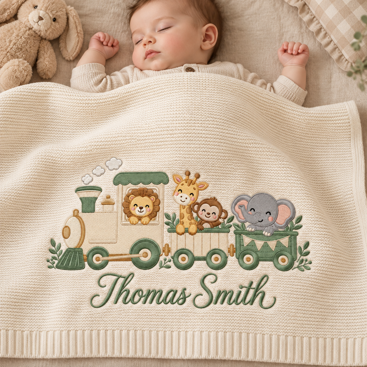 Custom Embroidered Baby Blanket Personalized Animal Train Knit Baby Shower Gift