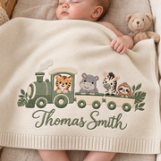 Personalized Embroidered Baby Blanket Custom Name Safari Train Knit Nursery Blanket
