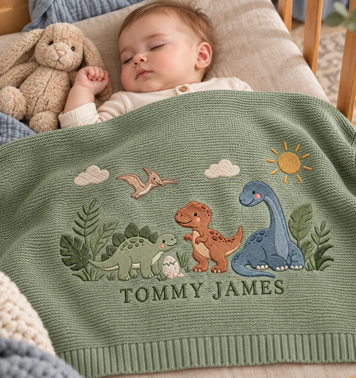 Custom Embroidered Baby Blanket Personalized Dinosaur Knit Blanket Baby Shower Gift