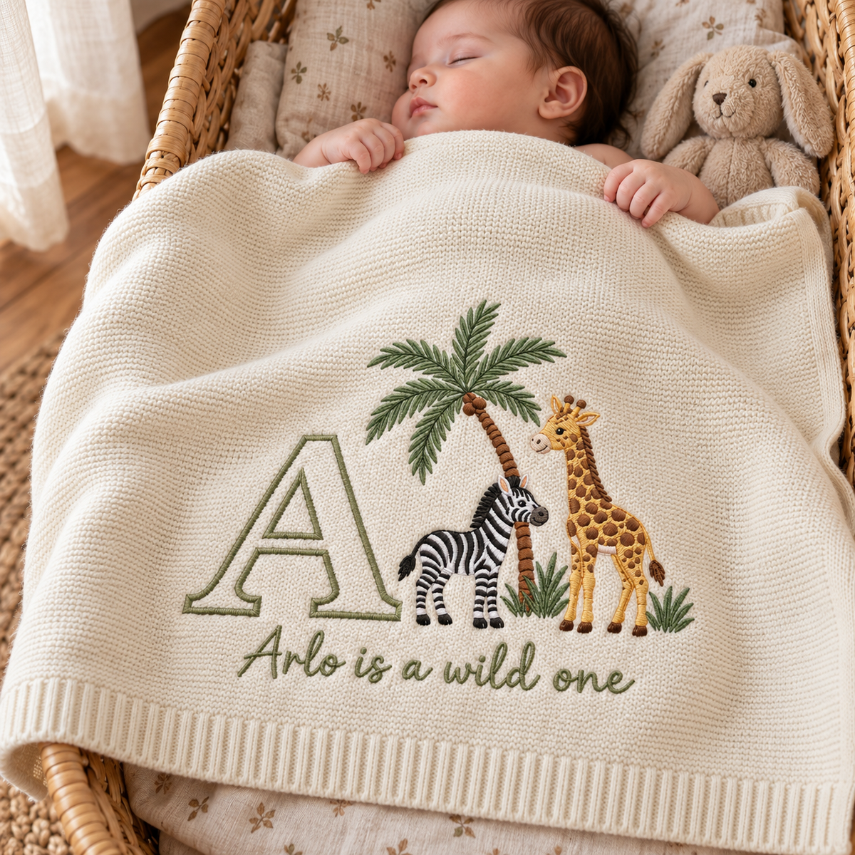 Personalized Embroidered Baby Blanket Custom Initial Wild One Knit Nursery Blanket