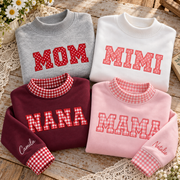 Custom Family Applique Embroid Name Gingham Collar Sleeve Pullover Mockneck Sweatshirt