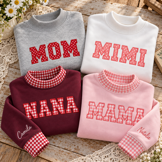 Custom Family Applique Embroid Name Gingham Collar Sleeve Pullover Mockneck Sweatshirt