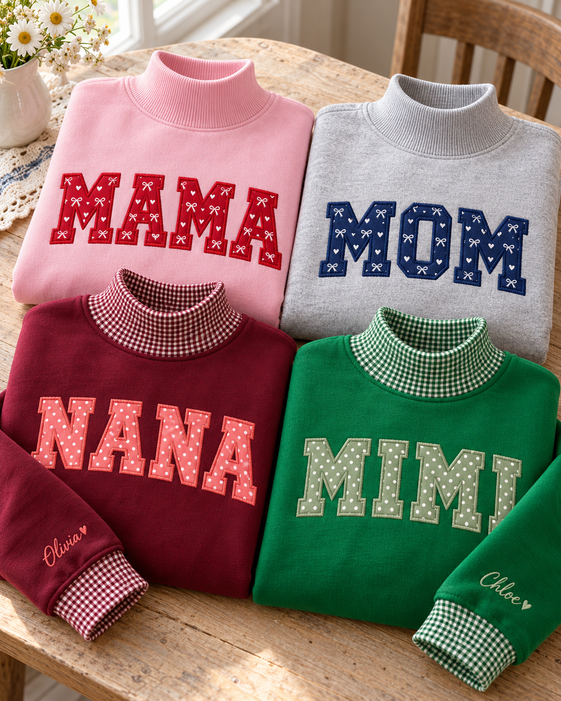 Custom Family Applique Embroid Coquette Bow Polka Dot Collar Mockneck Sweatshirt