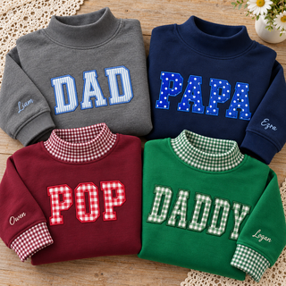 Custom Name Family Applique Embroid Stripe Gingham Collar Sleeve Mockneck Sweatshirt