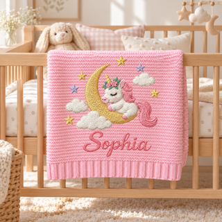 Custom Baby Blanket Embroidered Unicorn Moon Stars Name Knitted Nursery Swaddle Wrap