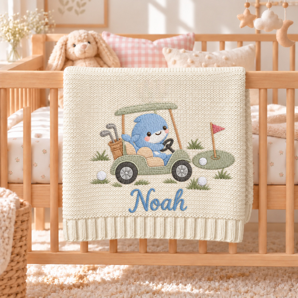 Custom Baby Blanket Embroidered Shark Golf Cart Name Knitted Nursery Swaddle Wrap