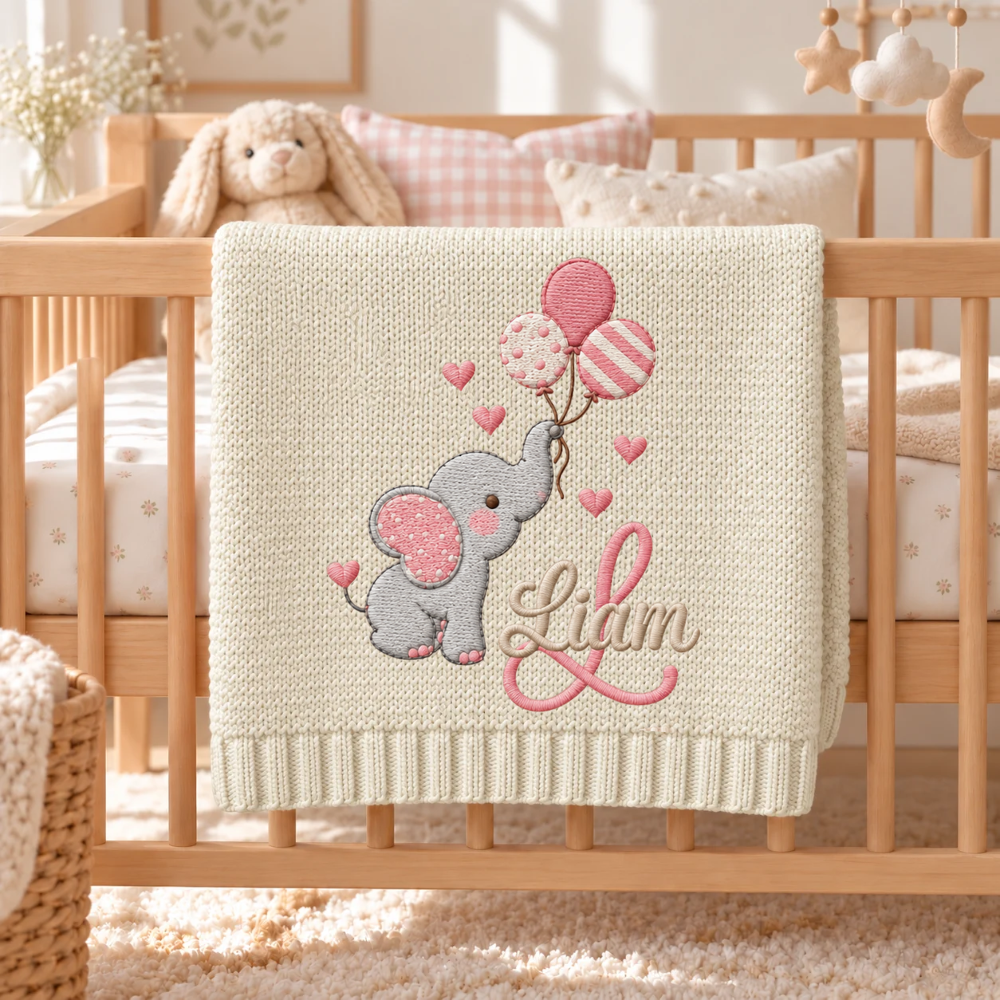 Custom Baby Blanket Embroidered Elephant Balloons Name Knitted Nursery Swaddle Wrap