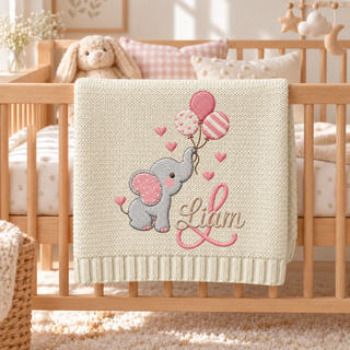 Custom Baby Blanket Embroidered Elephant Balloons Name Knitted Nursery Swaddle Wrap