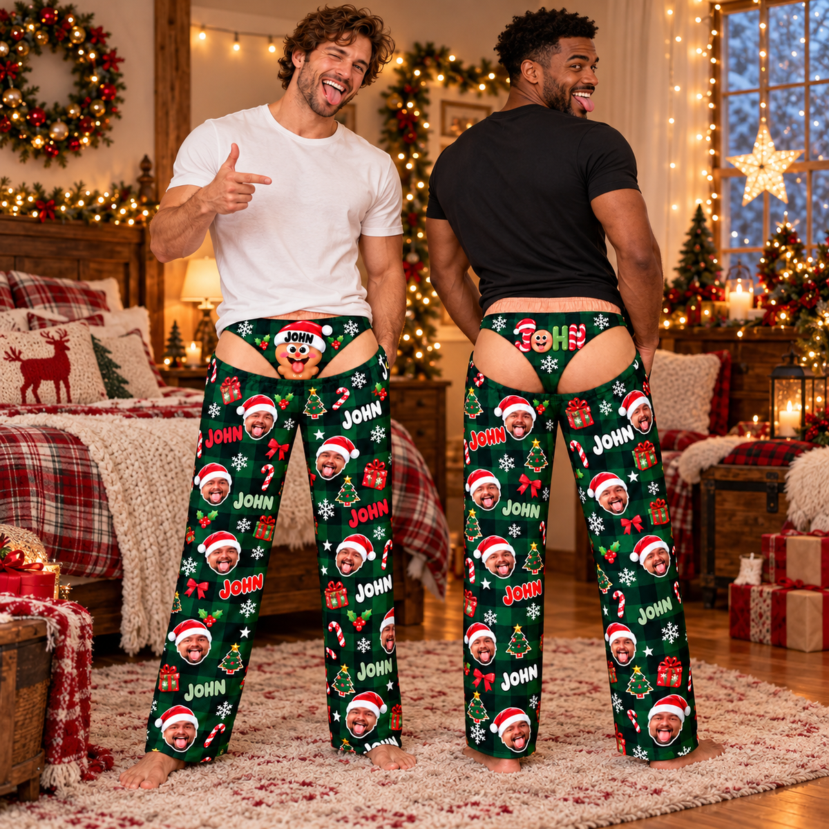 Custom Face Christmas Pajama Pants Funny Photo Print Holiday Underwear Loungewear
