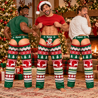 Custom Face Christmas Pajama Pants Personalized Photo Print Thong Underwear Loungewear