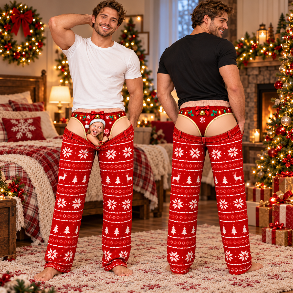Custom Face Christmas Pajama Pants Funny Photo Print Holiday Thong Loungewear Set