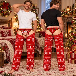 Custom Face Christmas Pajama Pants Funny Photo Print Holiday Thong Loungewear Set